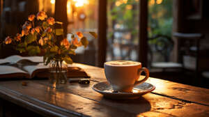 a cup of coffee with book and pen on the wooden table AI Generated